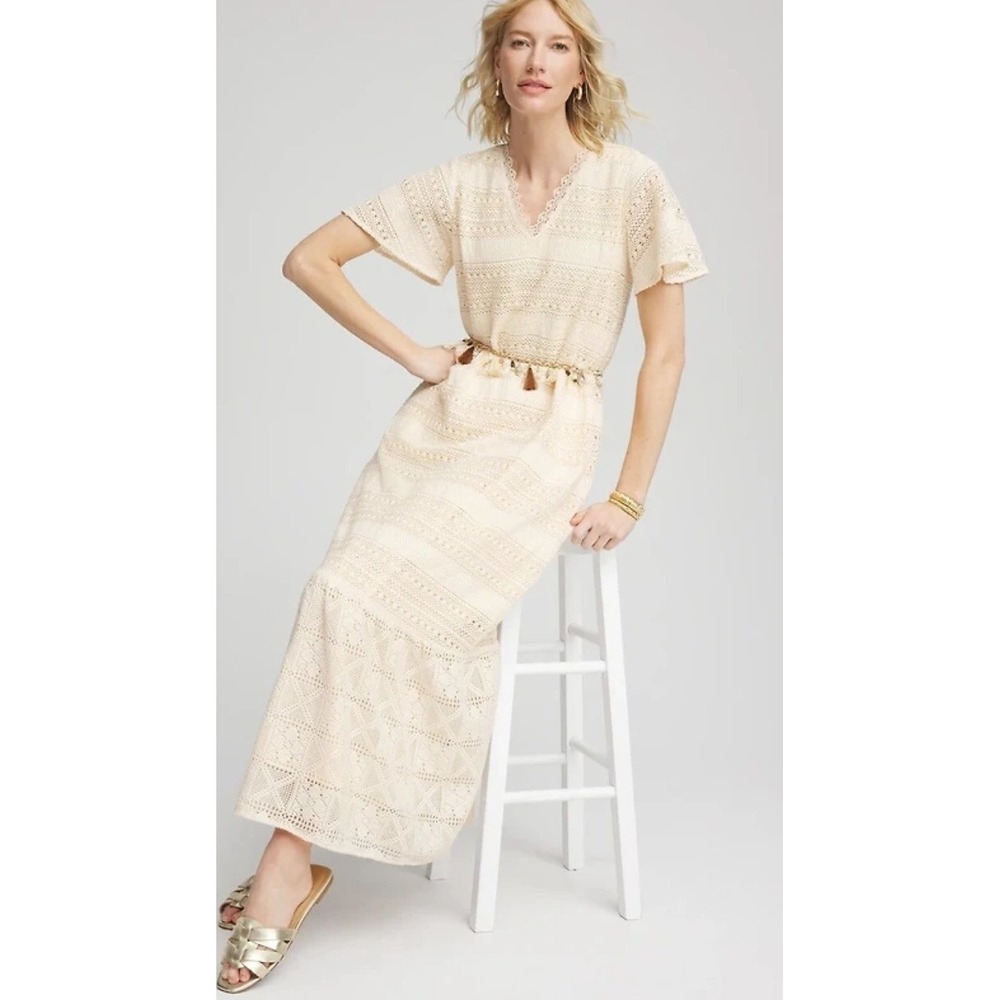Chico's Crochet Maxi Dress Womens 2 US‎ 12 Cream  Lace Tiered V-Neck